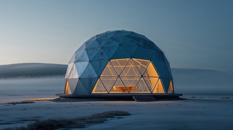 In der eisigen Kälte ist eine geodätische Kuppel zu sehen aus dessen Innenraum ein warmes Licht strahlt.