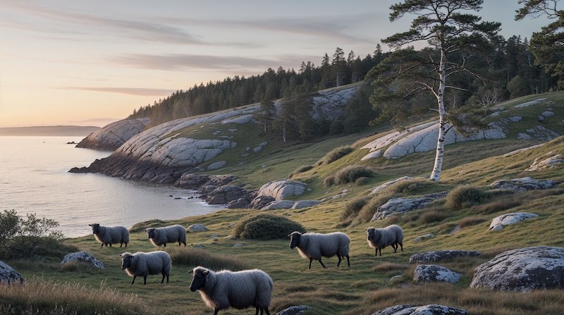 Das Bild zeigt eine Wiese an der Küste mit Schafen.
