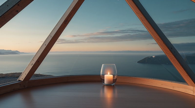 Eine Kerze steht vor einem über die ganze Breite erstreckten Glasfenster. Durch das Glas ist das Meer in der Dämmerung zu sehen.