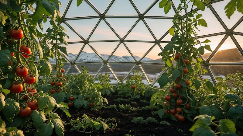 Gurken und Tomaten in einem geodätischen Gewächshaus, ausserhalb ist eine sanfte Abendstimmung.