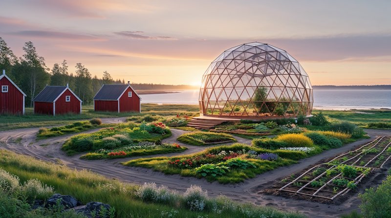 In einer Abendstimmung ist ein Gewächshaus in geodätischer Form und norwegische Häuser umgeben von einer Permakulur und Meer zu sehen.